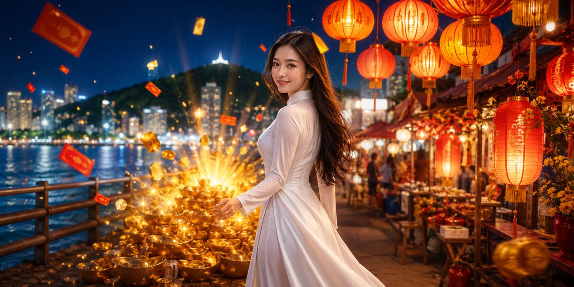 Người dùng Vũng Tàu trong trang phục áo dài nhận phong bì đỏ ưu đãi từ nền tảng trực tuyến
